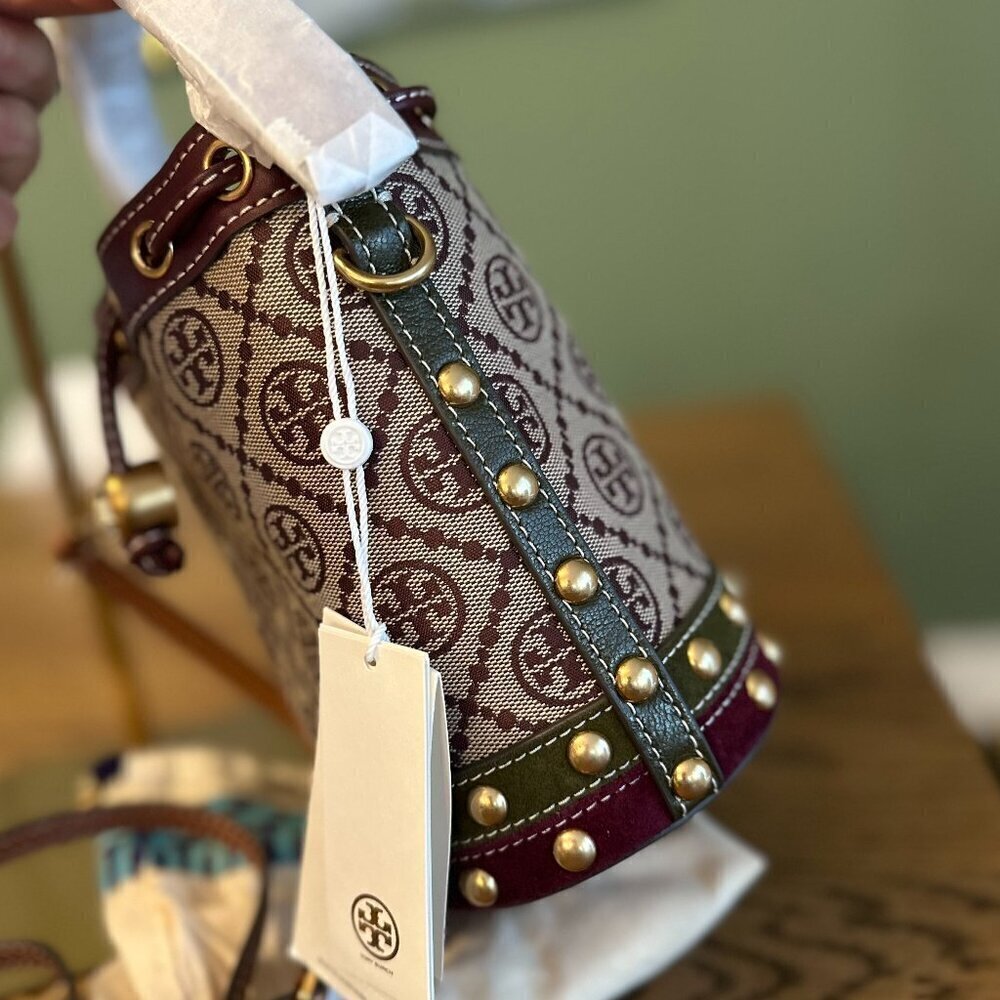 NWT! NEW Tory Burch T Monogram Jacquard Studded Mini Bucket Bag -multi leather - Picture 8 of 15